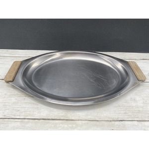 Vintage Stainless Steel Tray Wooden Handles Mid Century Modern 12"